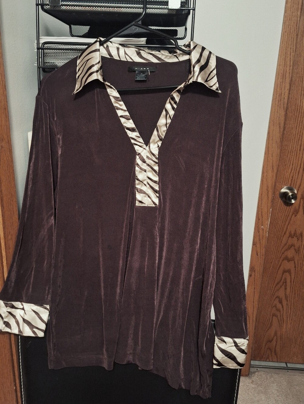 Velvet Long Sleeve Blouse with Zebra Trim - Brown